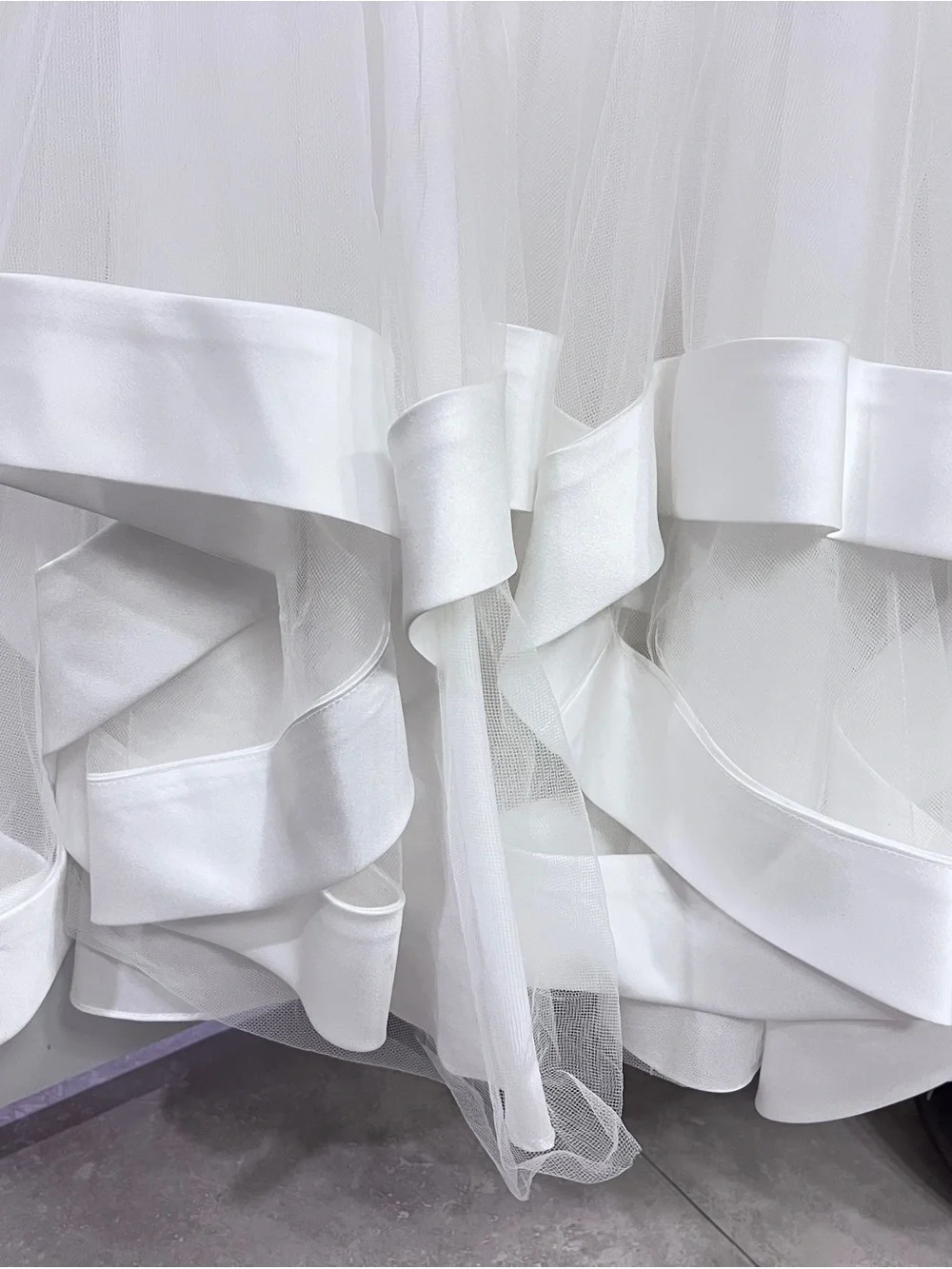 David's Bridal White Tulle High-Low Ribbon Hem Flower Girl Dress - Picture 4 of 7